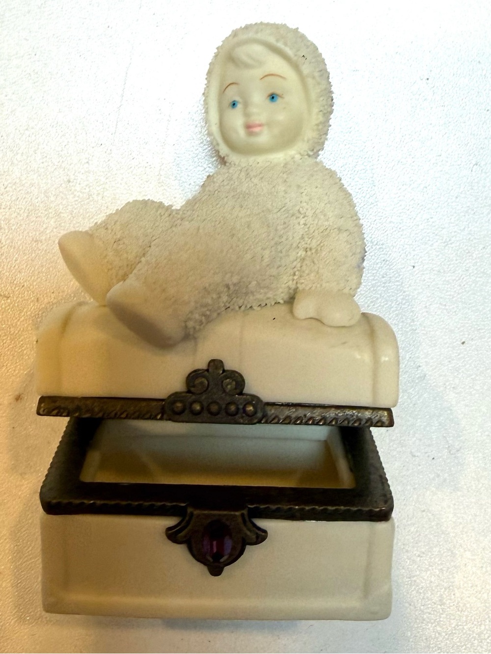 Department 56 Cream White Baby Figurine Jewelry Trinket Box with Purple Accent